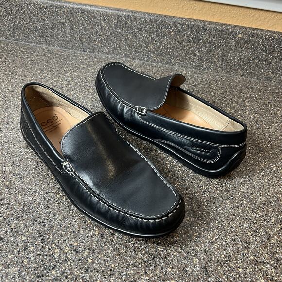 Ecco Moc Loafers Men's EU 42 US 8-8.5 Black Leather Slip On Comfort Casual Shoes - Picture 1 of 11